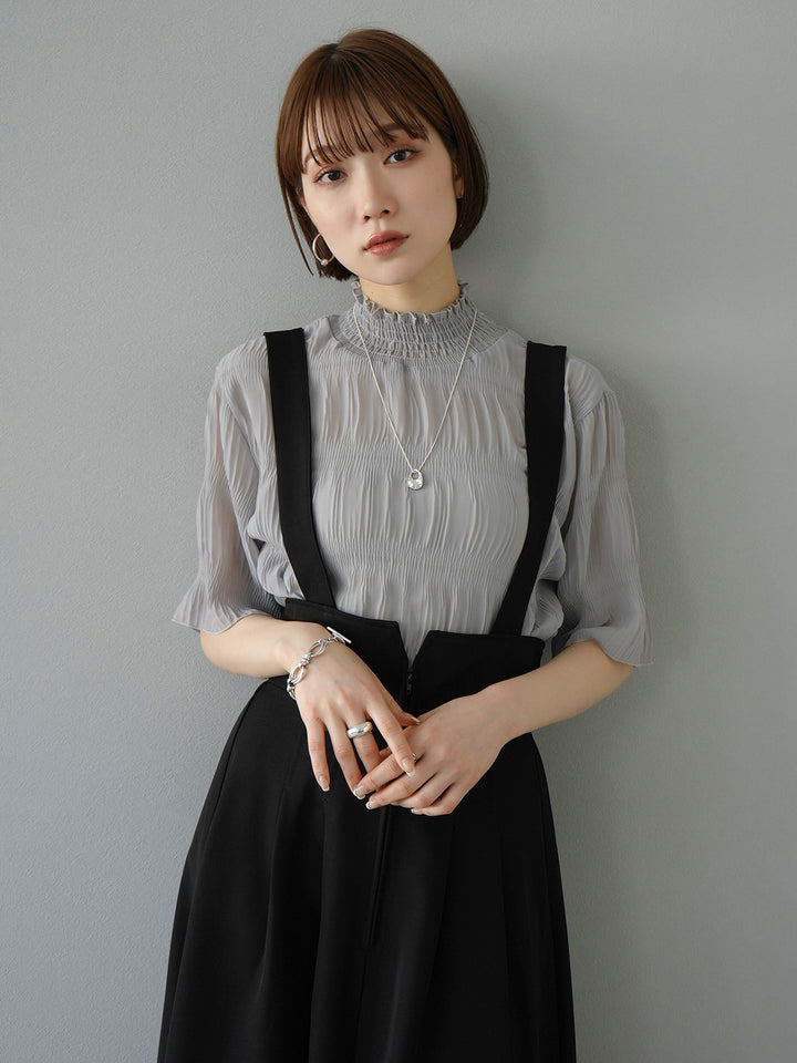 [SET] Shirring chiffon half sleeve blouse + 2WAY flare jumper skirt (2set)