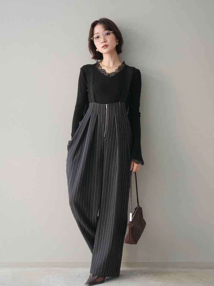 [予約]グログランテープストライプサロペット/black