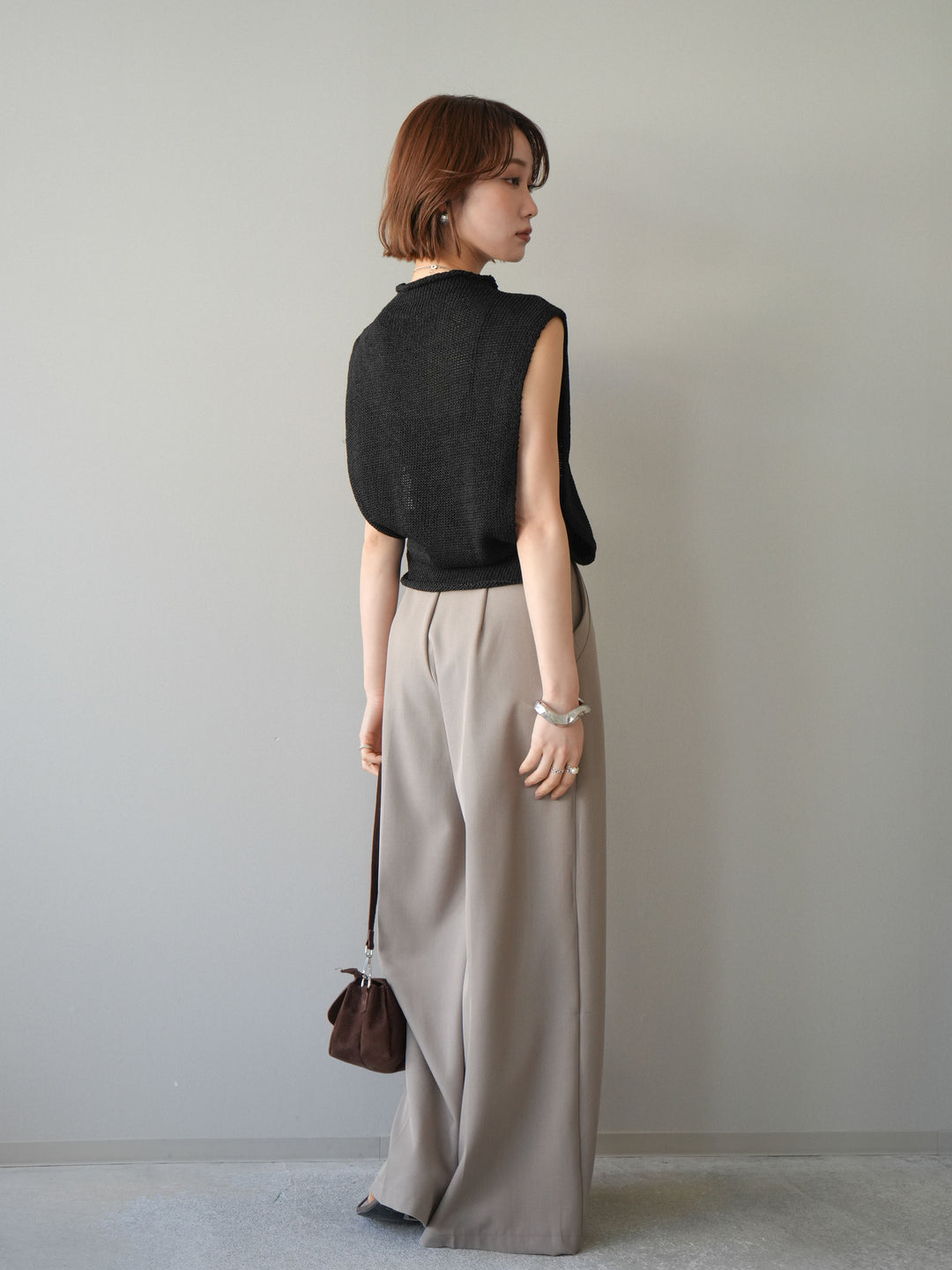 【套裝】開襟針織上衣+銀色搭扣垂褶闊腿褲（兩件套）