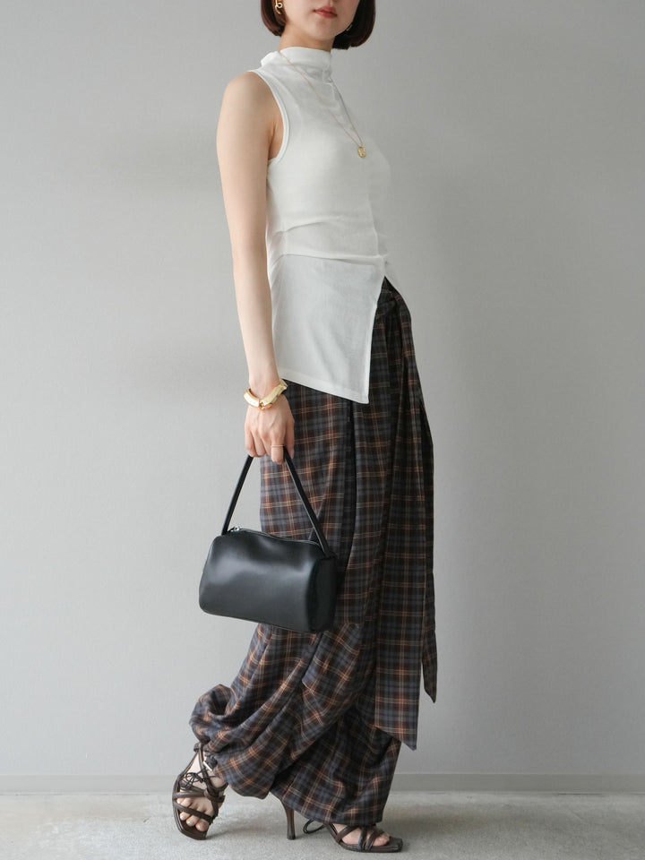 [予約]チェック柄ウエスト巻きドロストパンツ/ブラウン