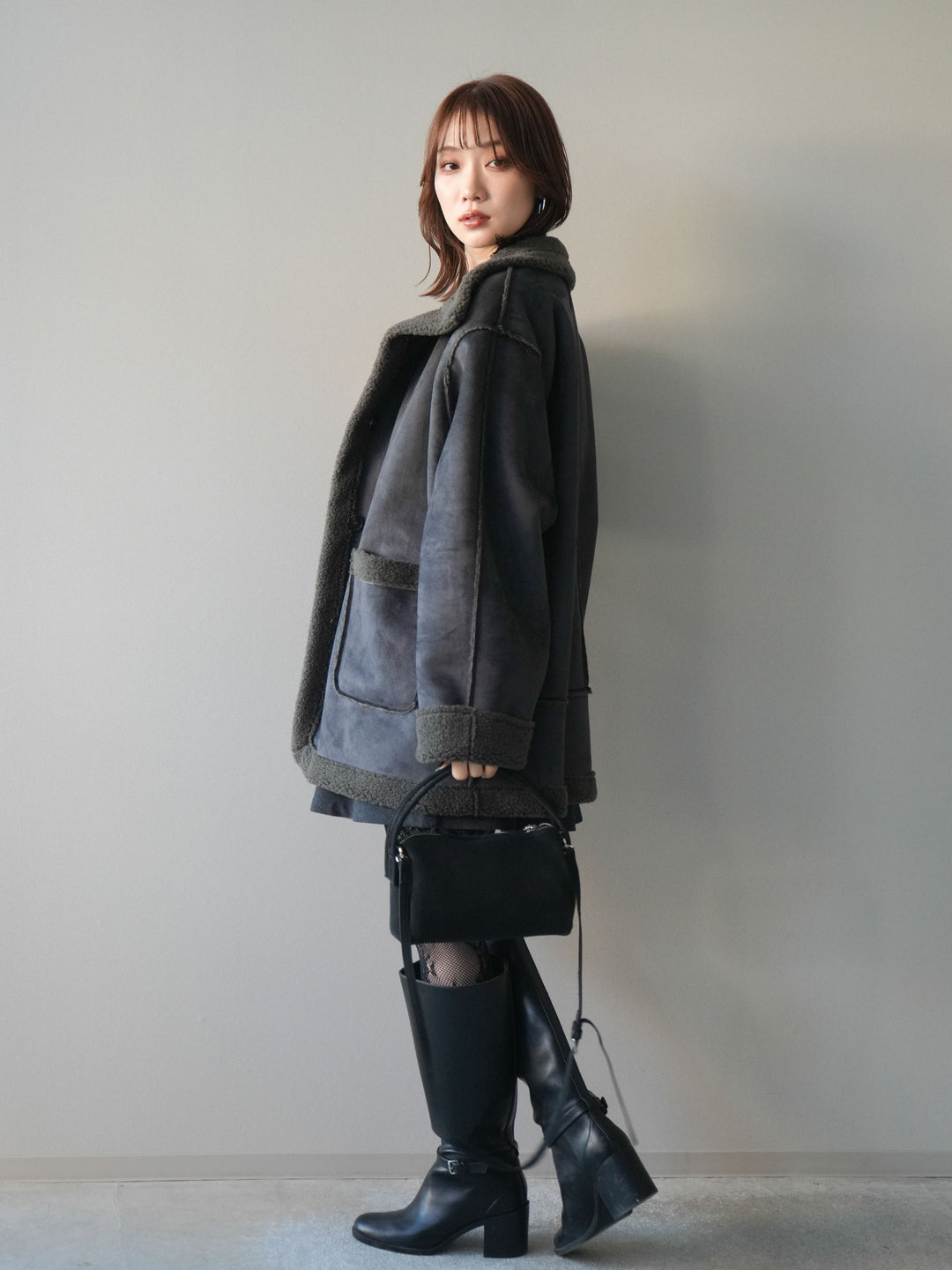 [予約]ベルト付きタックミニスカート/charcoal