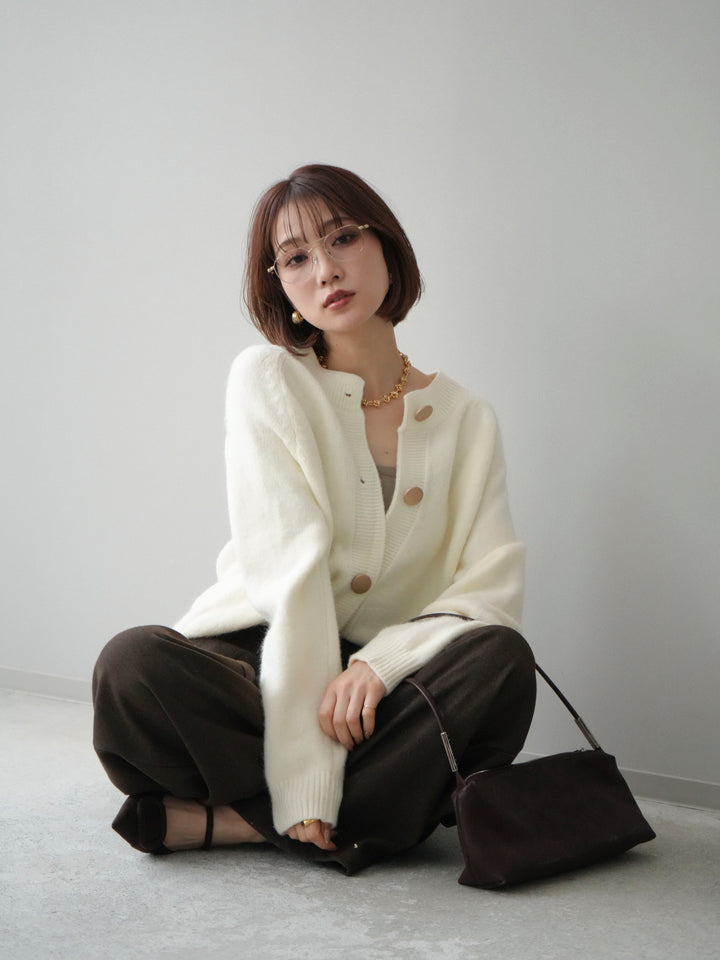 [SET]BIGボタンニットカーディガン+アニマル柄ベルト付きウールタッチワイドパンツ(2set)