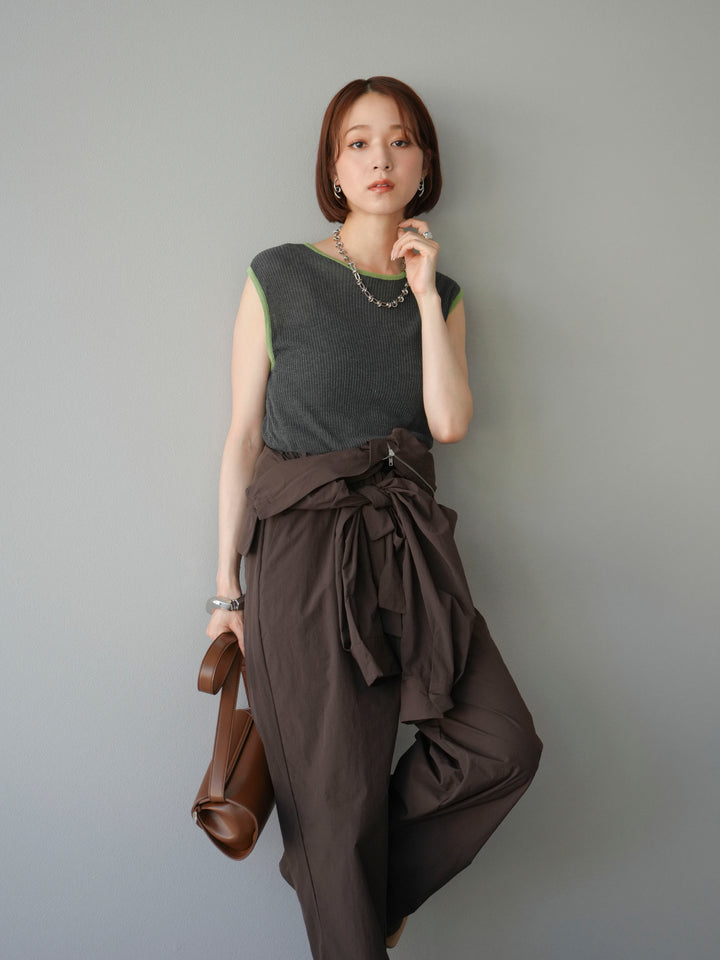 [予約]リネンタッチ配色ニットノースリーブプルオーバー/チャコール