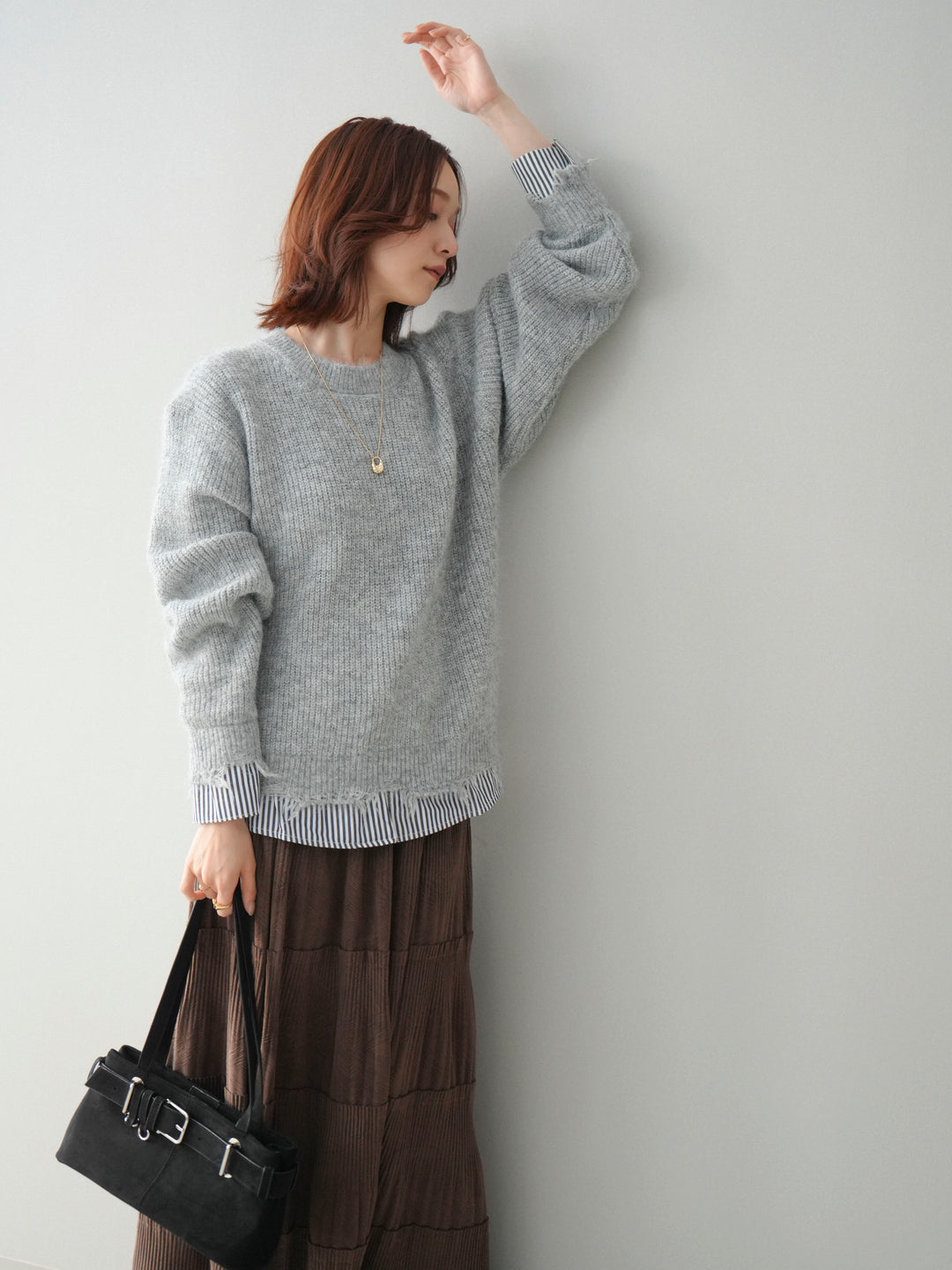 [SET]裾シャツレイヤードダメージニットプルオーバー+裾シャツレイヤードダメージニットプルオーバー(2set)