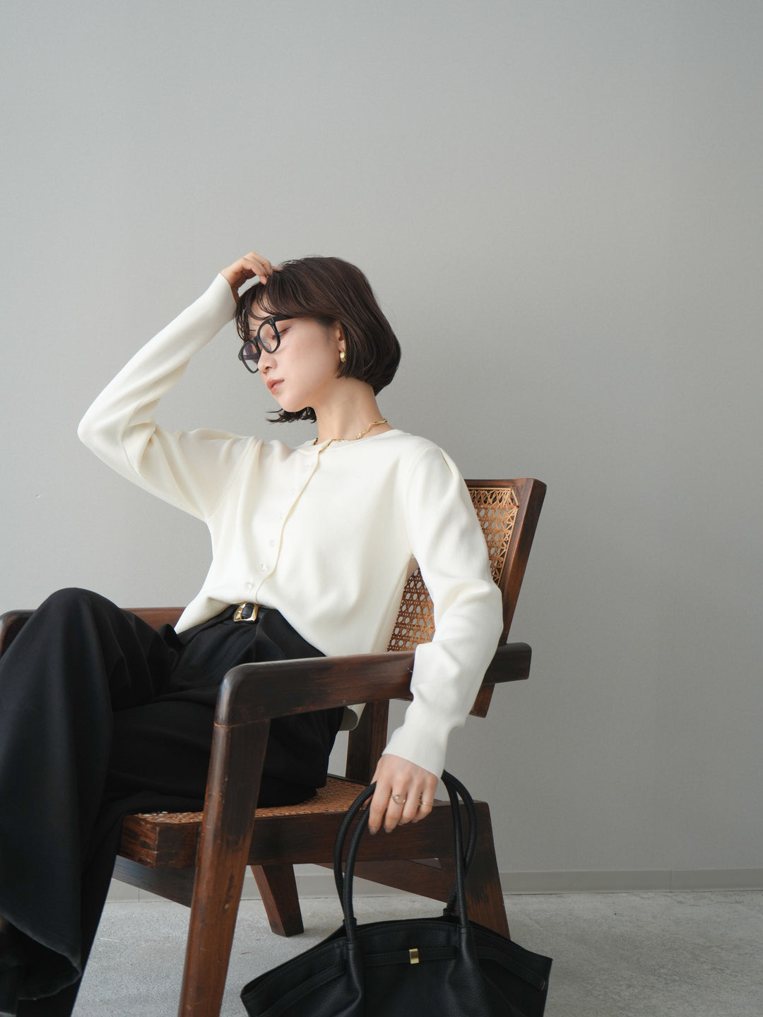 [SET]クリアボタンタックニットカーディガン+ベルトループデザインワイドパンツ(2set)