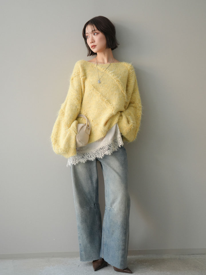 [予約]裏起毛カットオフカーブデニムパンツ/blue