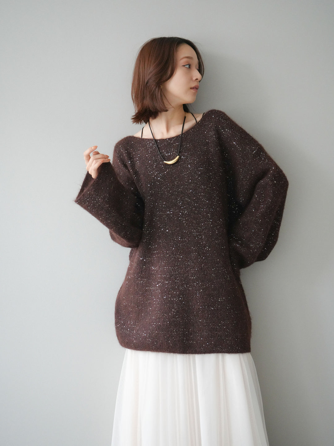 [予約]スパンコールミニシャギーニットチュニック/brown