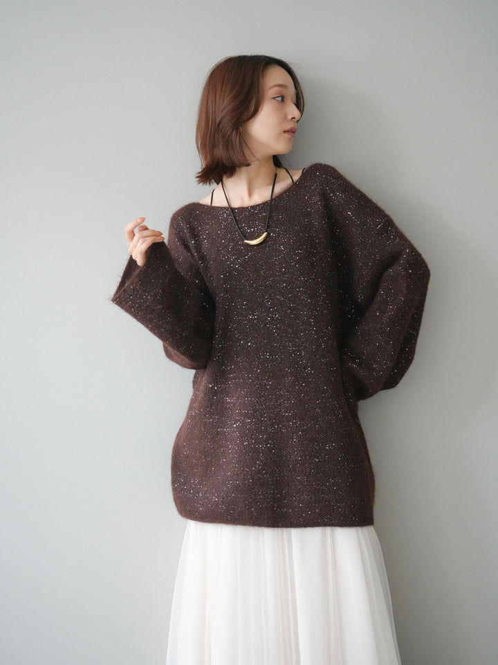 [予約]スパンコールミニシャギーニットチュニック/brown