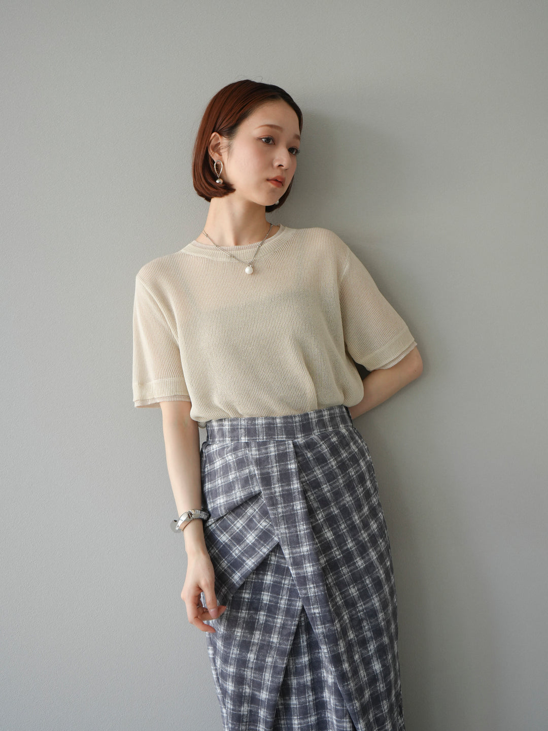 [SET]リネンタッチ配色二重臼ハーフニットトップス+選べるアソート柄スカートセット(2set)