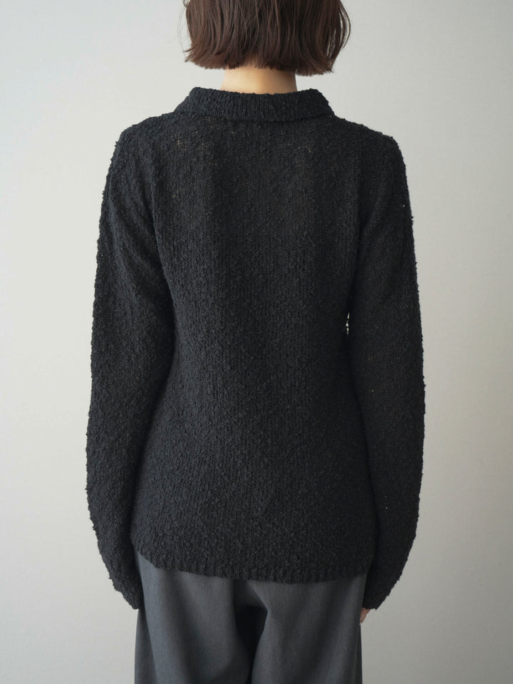 [予約]透かし編みブークレポロニットトップス/black