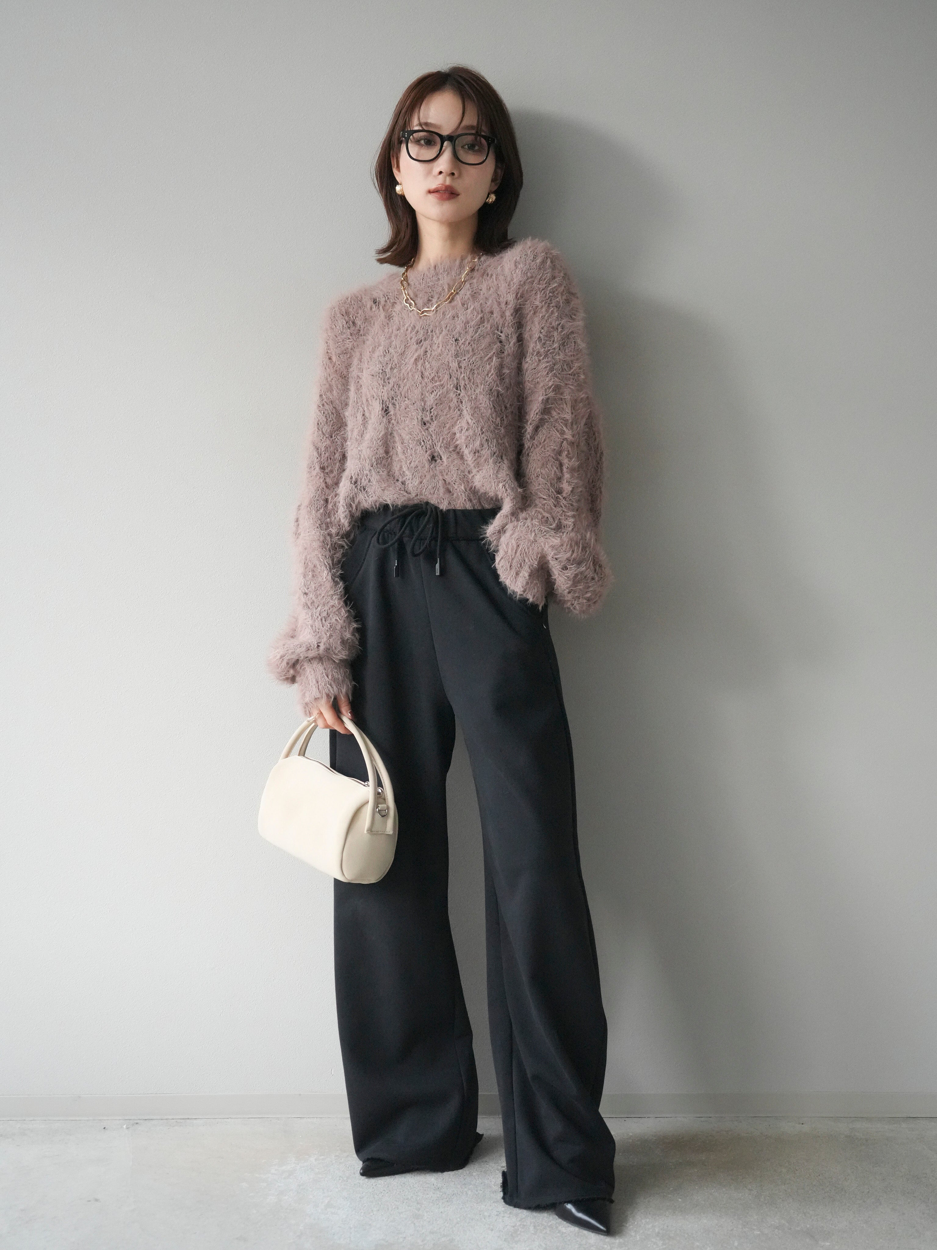 予約]モール×フェザー透かし編みニットプルオーバー/mocha – Lumier