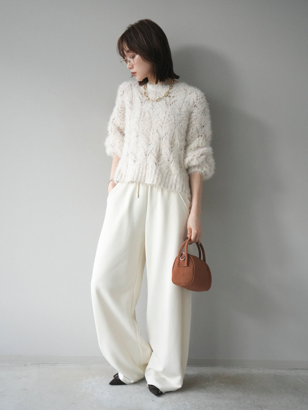 [予約]モール×フェザー透かし編みニットプルオーバー/ivory