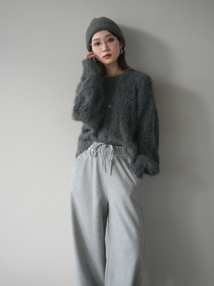 [予約]モール×フェザー透かし編みニットプルオーバー/black