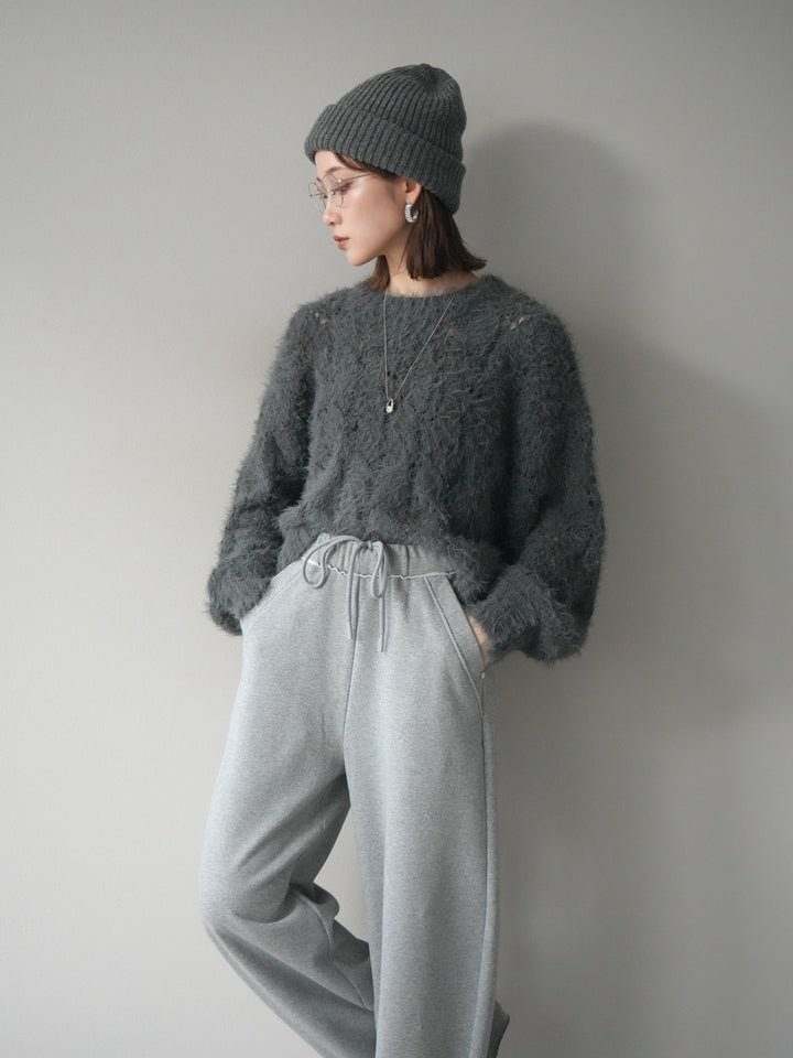 [予約]モール×フェザー透かし編みニットプルオーバー/black