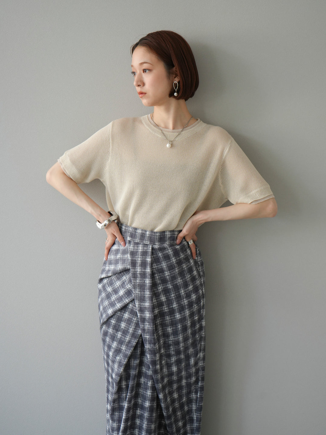 [SET]リネンタッチ配色二重臼ハーフニットトップス+選べるアソート柄スカートセット(2set)