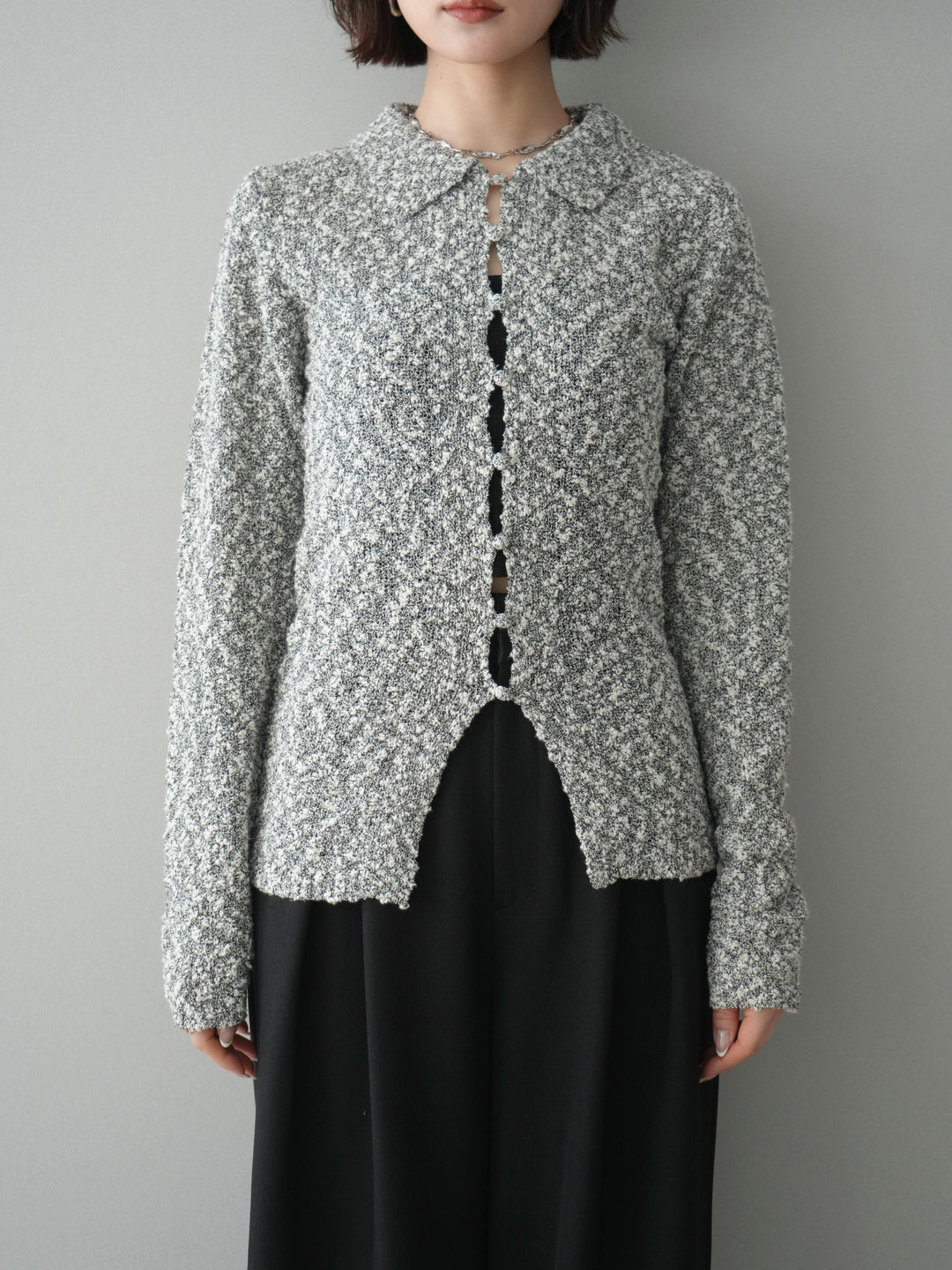 [予約]透かし編みブークレポロニットトップス/mix