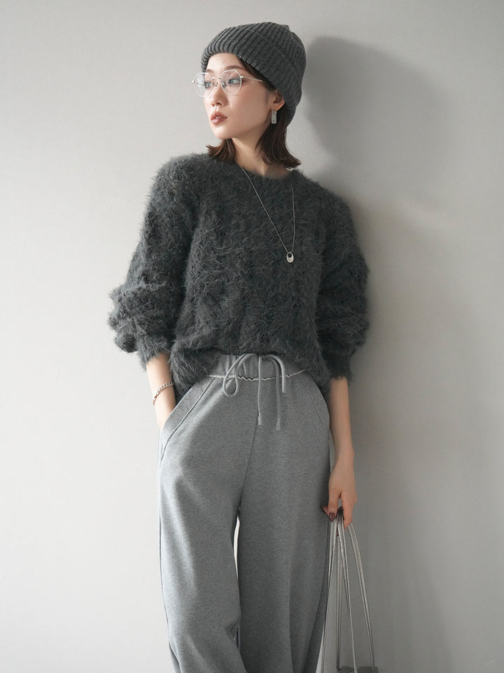 [予約]モール×フェザー透かし編みニットプルオーバー/black