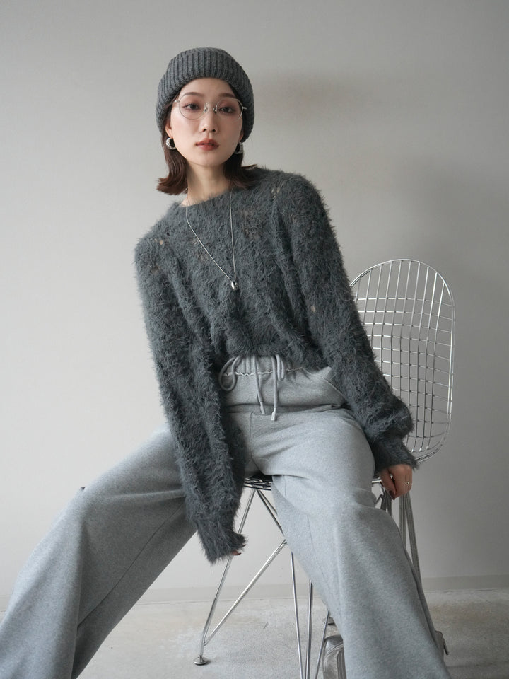 [予約]モール×フェザー透かし編みニットプルオーバー/black