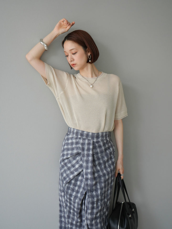 [SET]リネンタッチ配色二重臼ハーフニットトップス+選べるアソート柄スカートセット(2set)