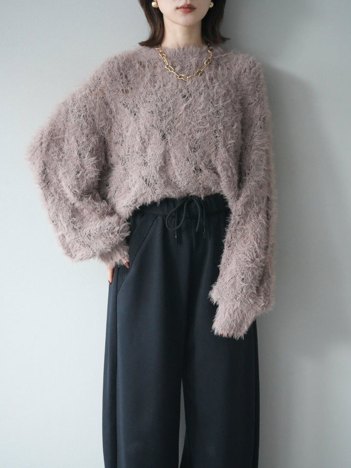 [予約]モール×フェザー透かし編みニットプルオーバー/mocha