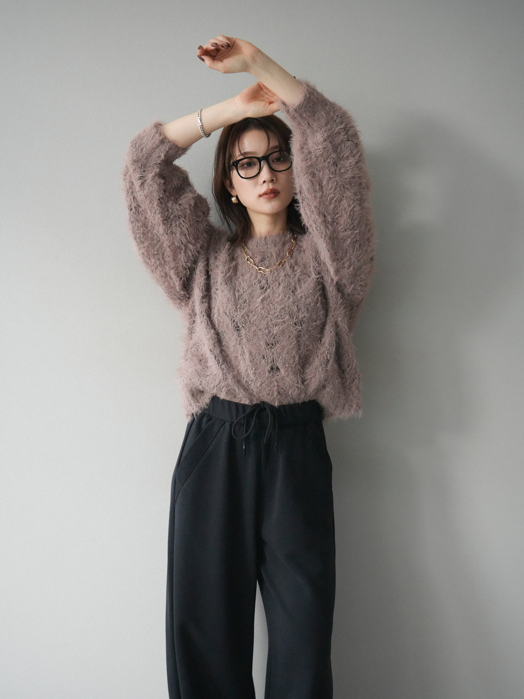 [予約]モール×フェザー透かし編みニットプルオーバー/mocha