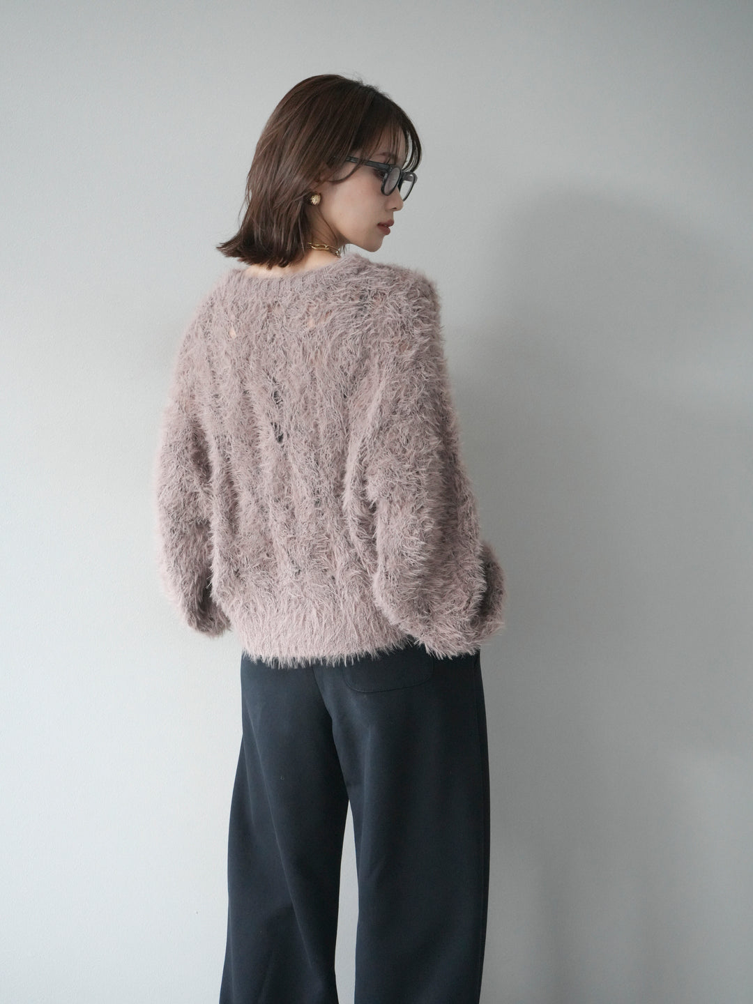 [予約]モール×フェザー透かし編みニットプルオーバー/mocha