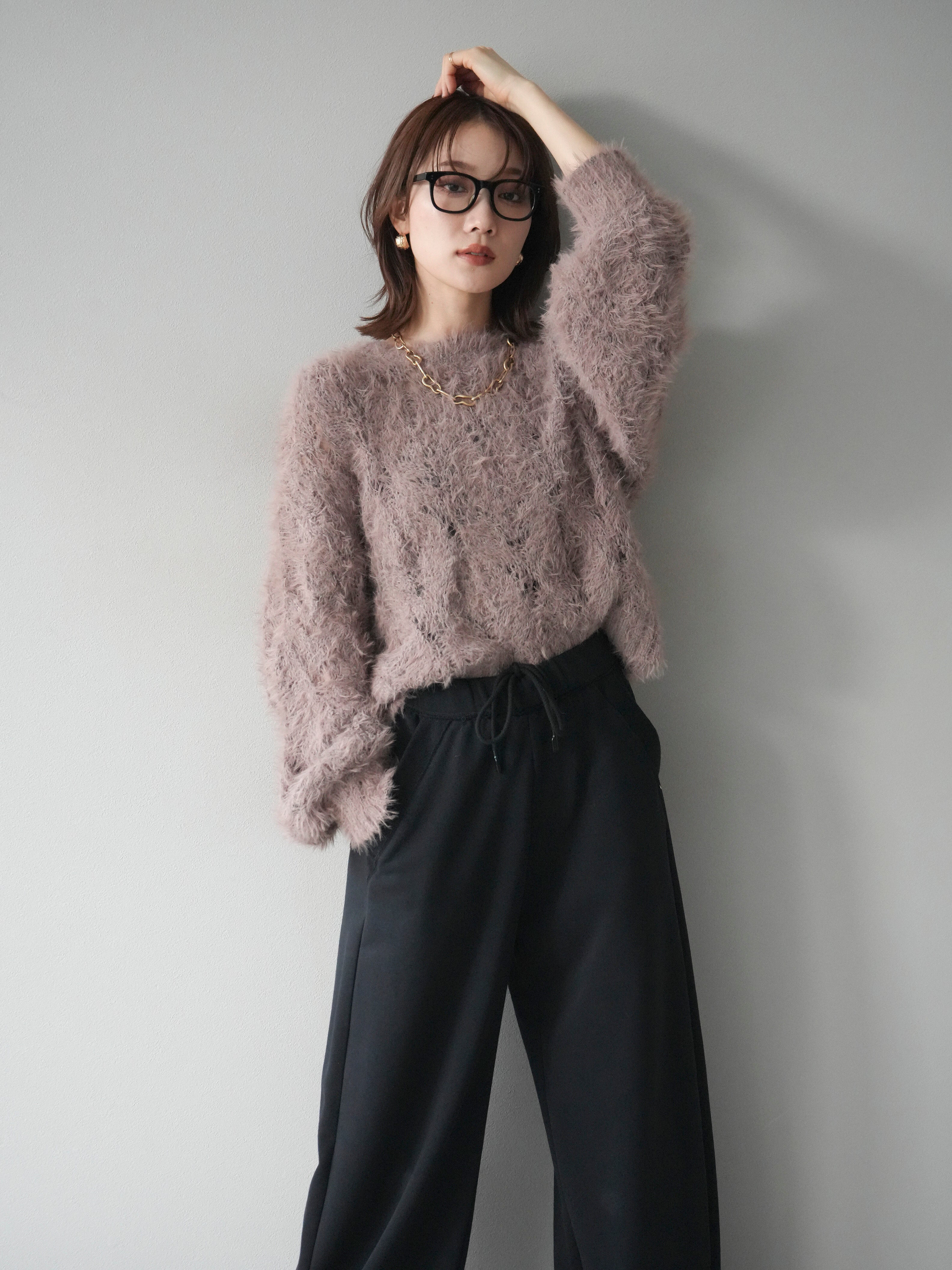 予約]モール×フェザー透かし編みニットプルオーバー/mocha – Lumier