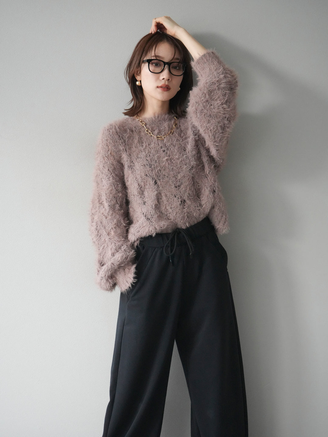 [予約]モール×フェザー透かし編みニットプルオーバー/mocha