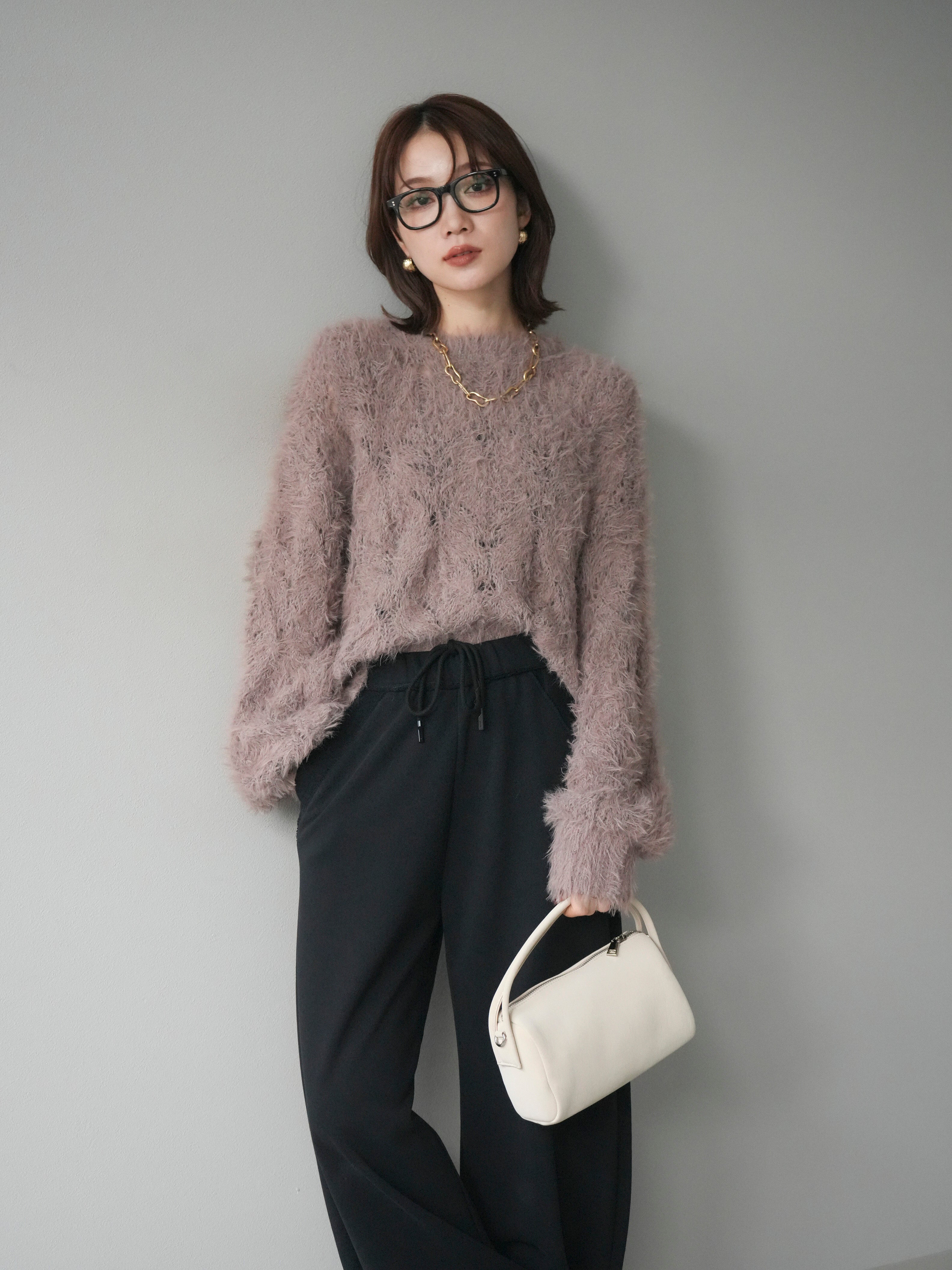 予約]モール×フェザー透かし編みニットプルオーバー/mocha – Lumier