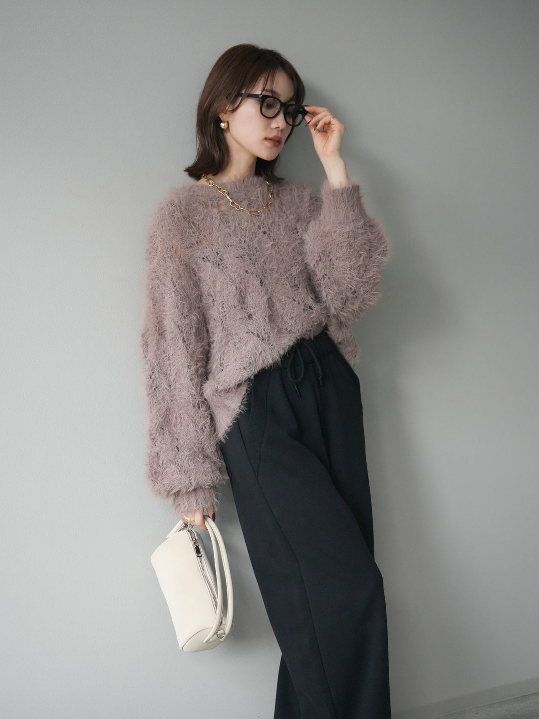 [予約]モール×フェザー透かし編みニットプルオーバー/mocha