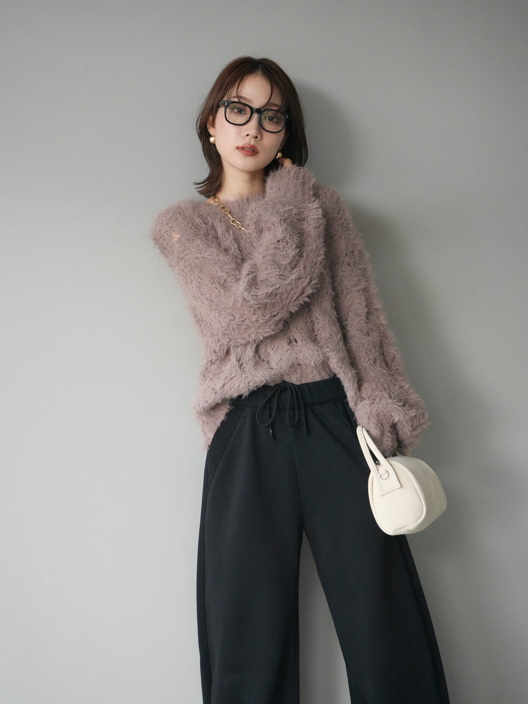 [予約]モール×フェザー透かし編みニットプルオーバー/mocha