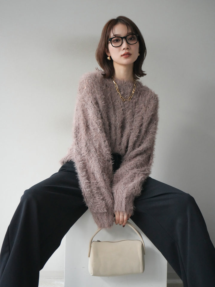 [予約]モール×フェザー透かし編みニットプルオーバー/mocha