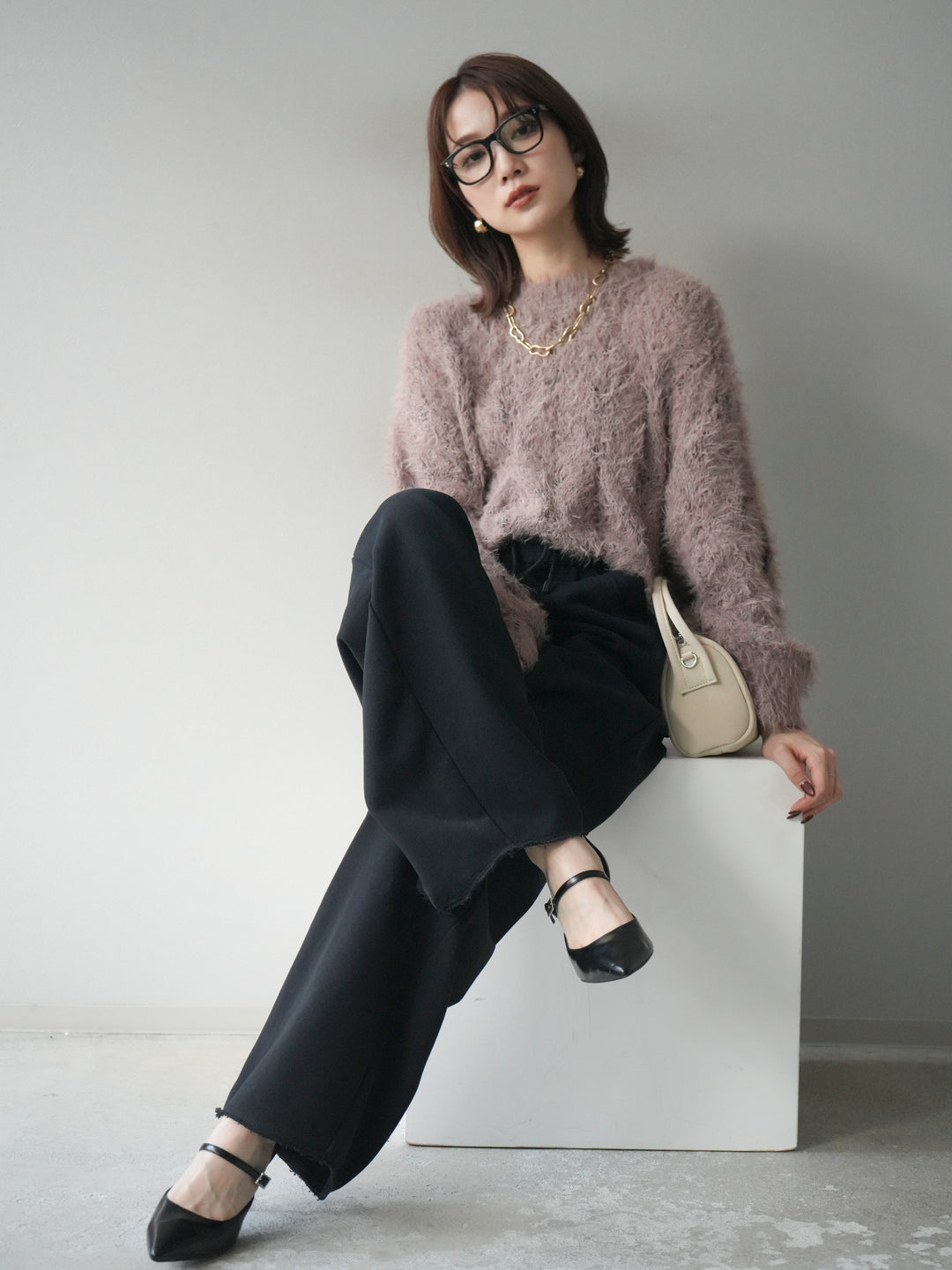 [予約]モール×フェザー透かし編みニットプルオーバー/mocha