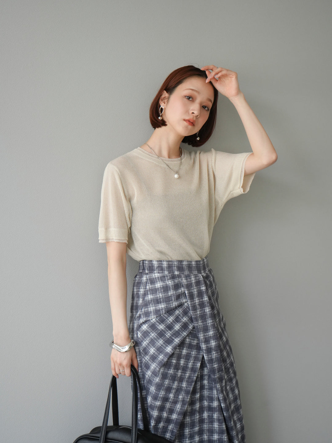 [SET]リネンタッチ配色二重臼ハーフニットトップス+選べるアソート柄スカートセット(2set)