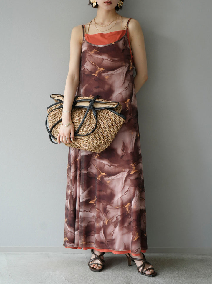 [Pre-order] Nuanced pattern tulle layered cami dress/brown