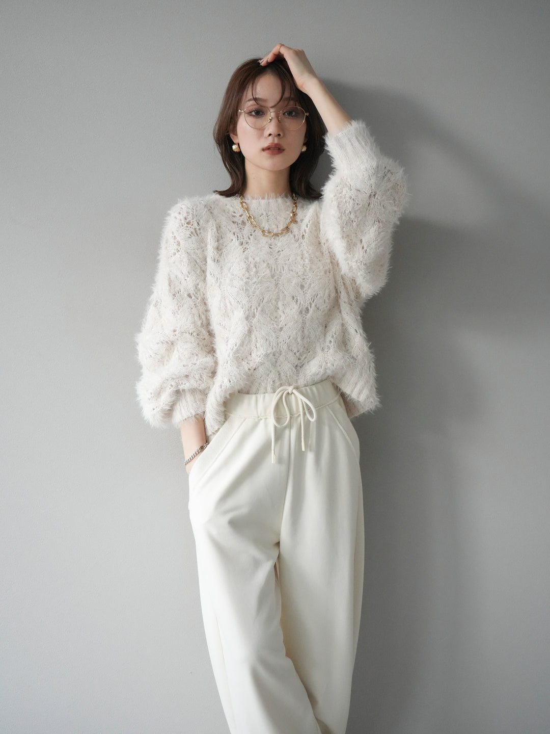 [予約]モール×フェザー透かし編みニットプルオーバー/ivory