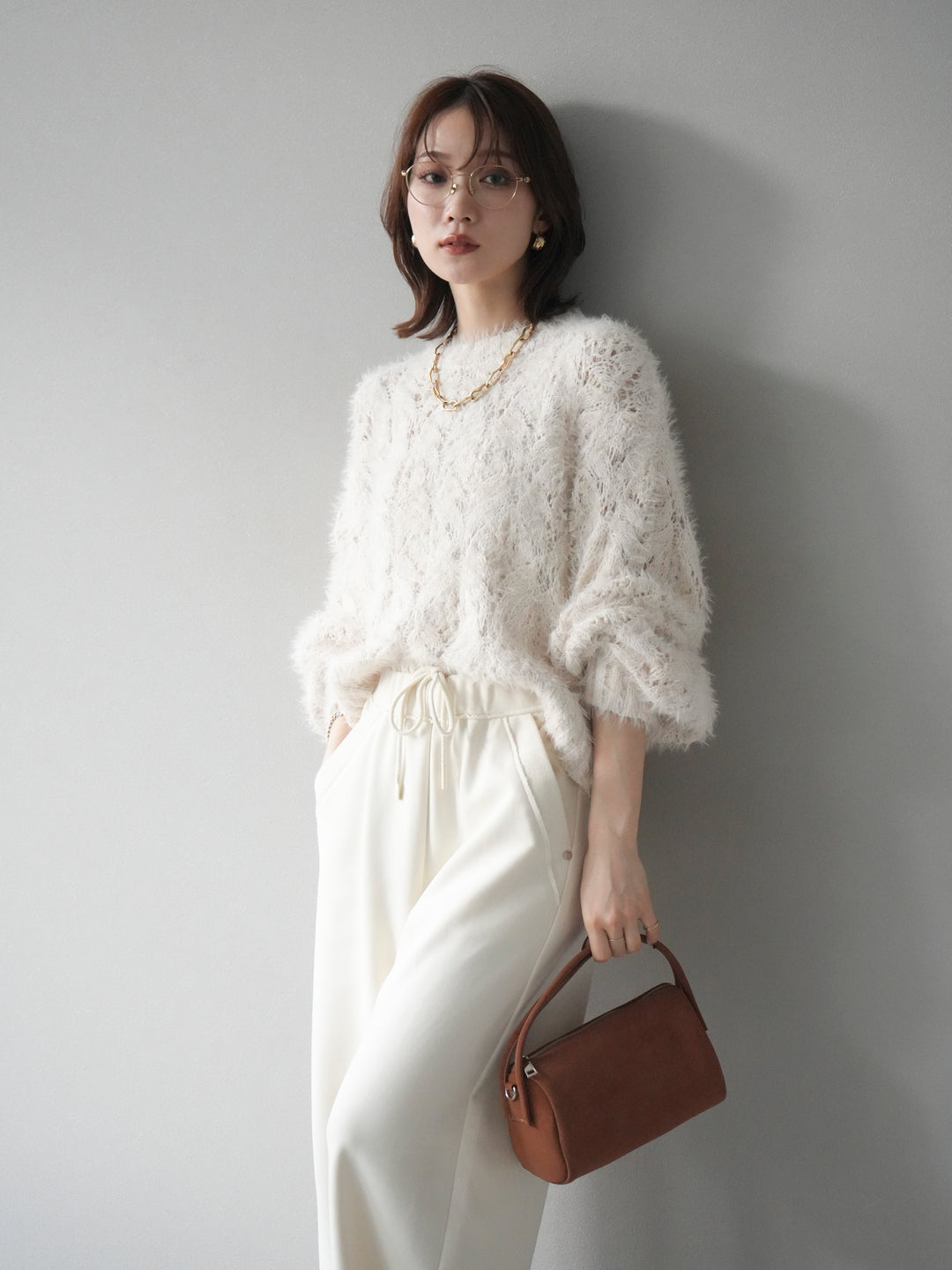 [予約]モール×フェザー透かし編みニットプルオーバー/ivory