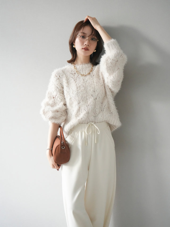 [予約]モール×フェザー透かし編みニットプルオーバー/ivory