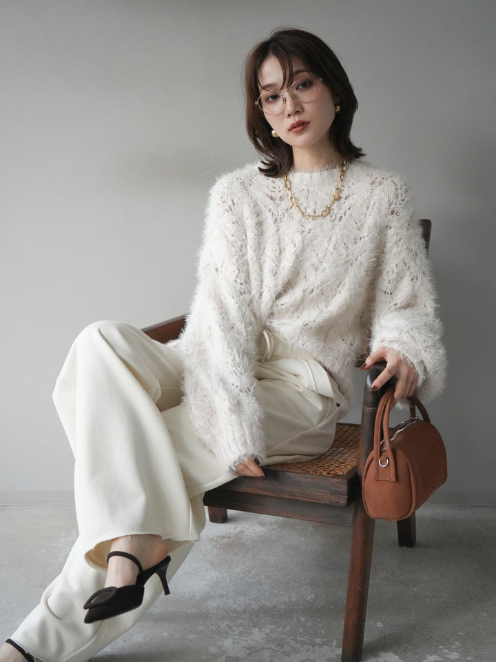 [予約]モール×フェザー透かし編みニットプルオーバー/ivory