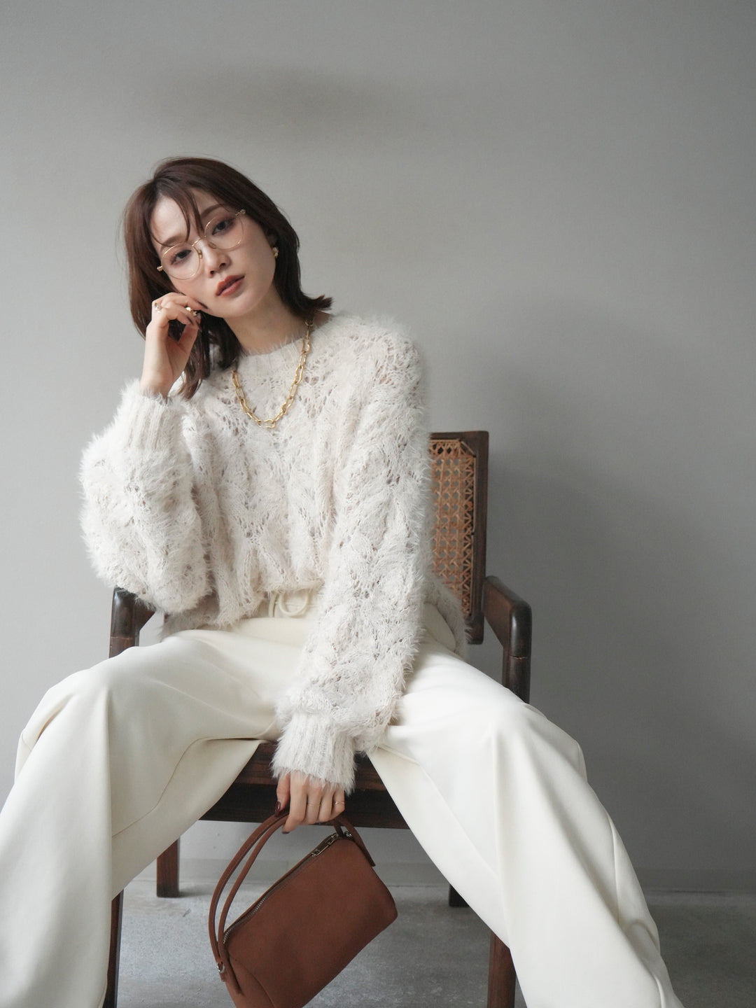 [予約]モール×フェザー透かし編みニットプルオーバー/ivory