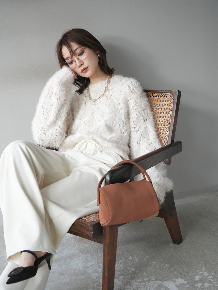 [予約]モール×フェザー透かし編みニットプルオーバー/ivory