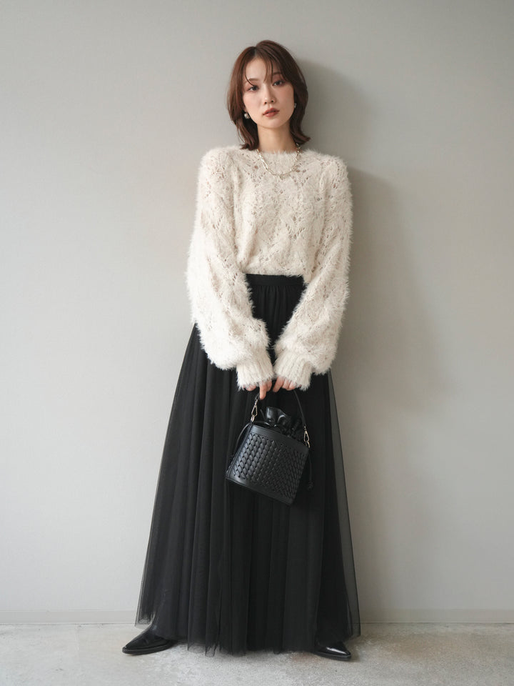 [予約]モール×フェザー透かし編みニットプルオーバー/ivory