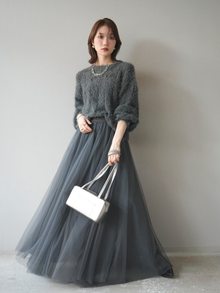 [予約]モール×フェザー透かし編みニットプルオーバー/black