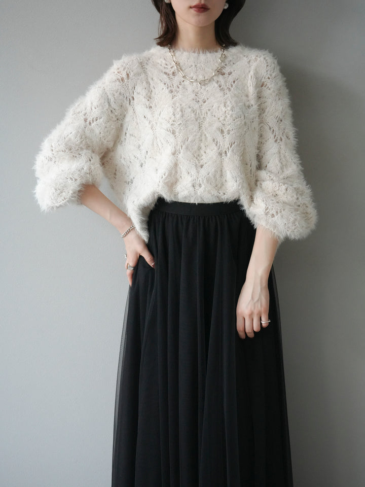 [予約]モール×フェザー透かし編みニットプルオーバー/ivory