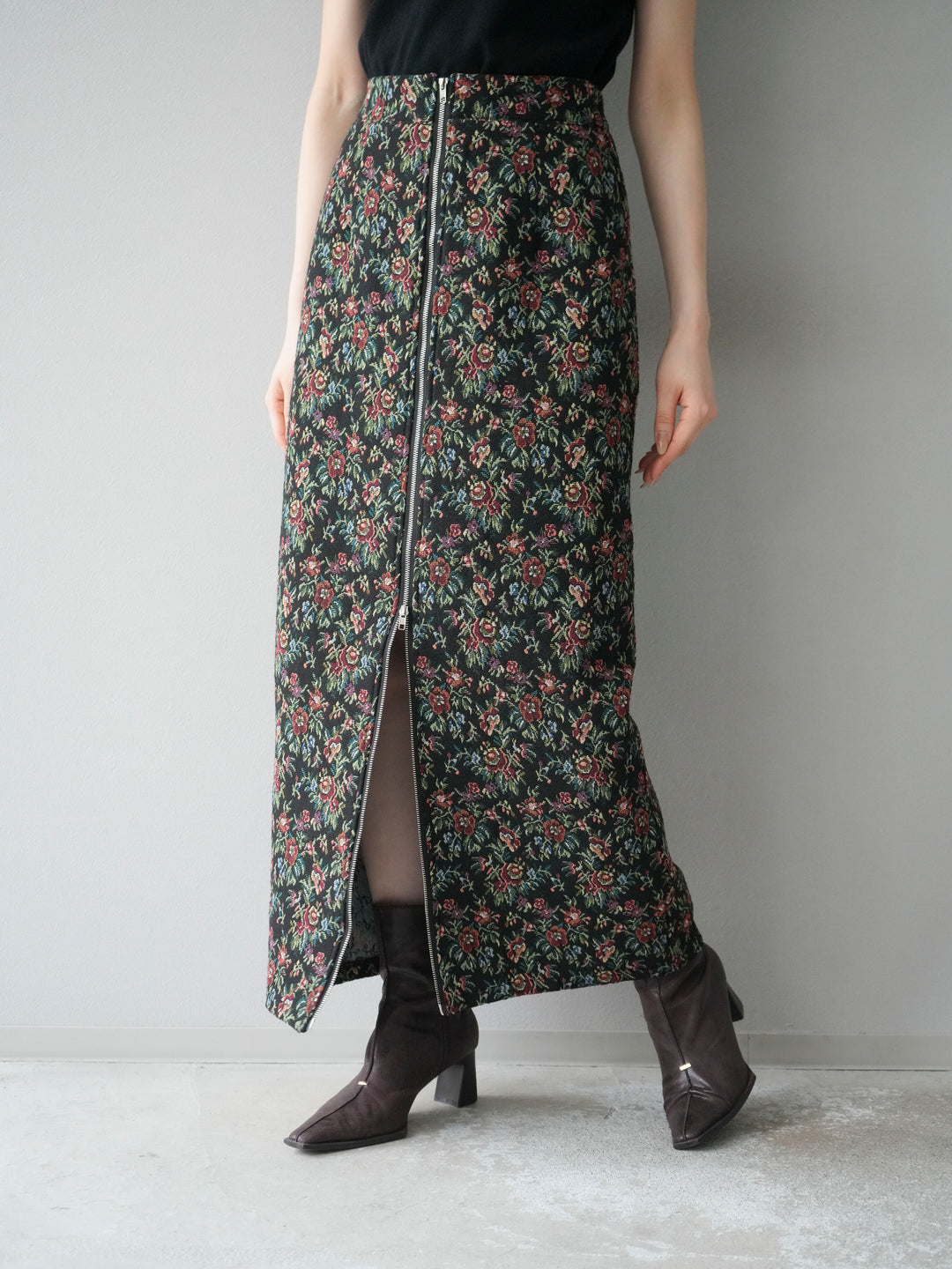 [予約]ゴブランフロントジップタイトスカート/レッド