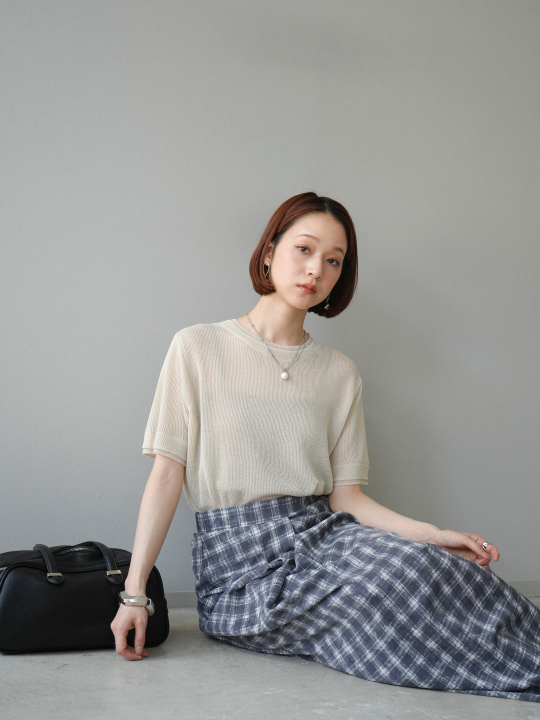 [SET]リネンタッチ配色二重臼ハーフニットトップス+選べるアソート柄スカートセット(2set)