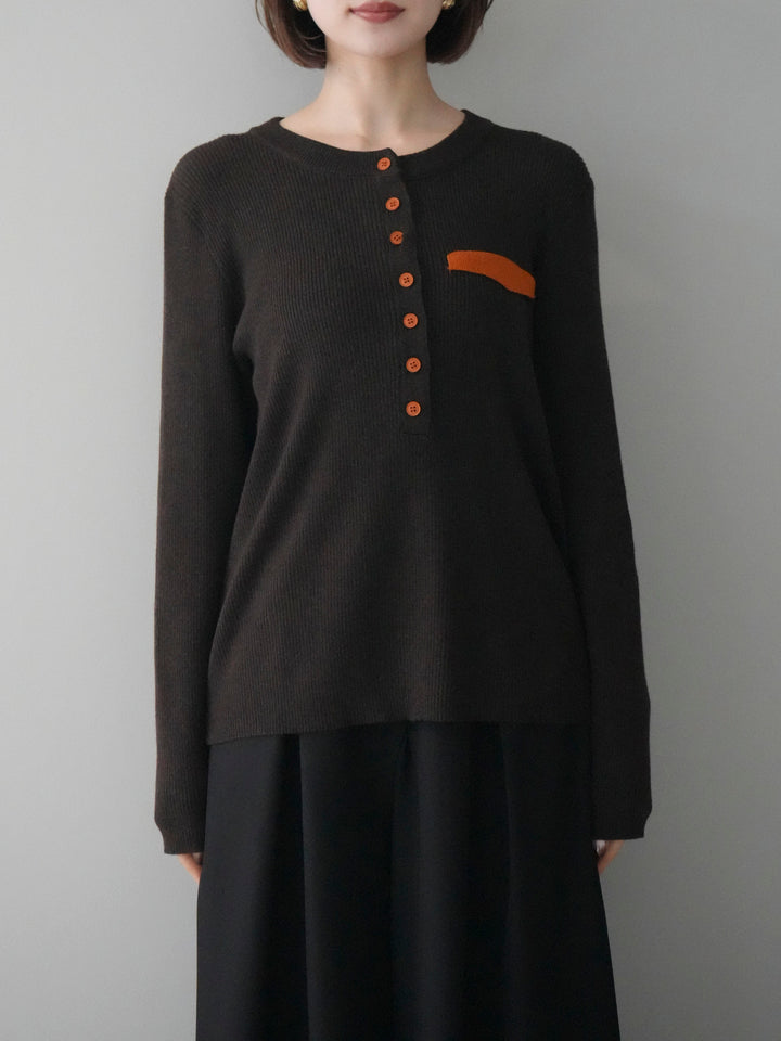 【預購】雙色拼接口袋亨利領針織衫/棕色