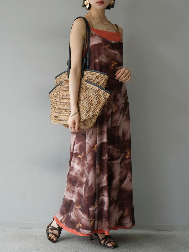 [Pre-order] Nuanced pattern tulle layered cami dress/brown