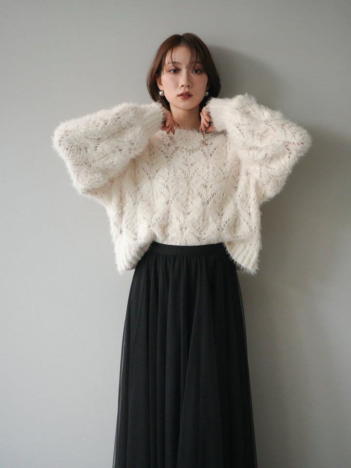 [予約]モール×フェザー透かし編みニットプルオーバー/ivory