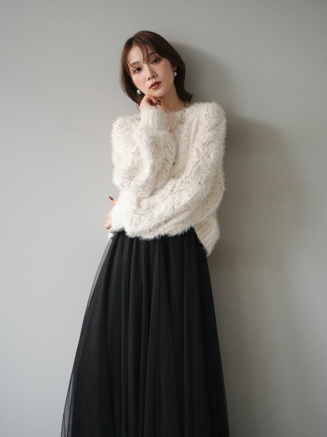 [予約]モール×フェザー透かし編みニットプルオーバー/ivory